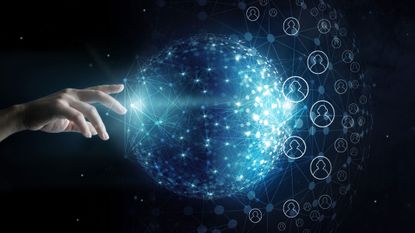 hand reaching towards a cloud of light visualising a global network