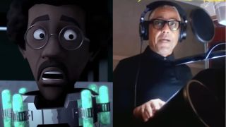 Baxter Stockman from Teenage Mutant Ninja Turtles (2012) and Giancarlo Esposito, pictured side by side.