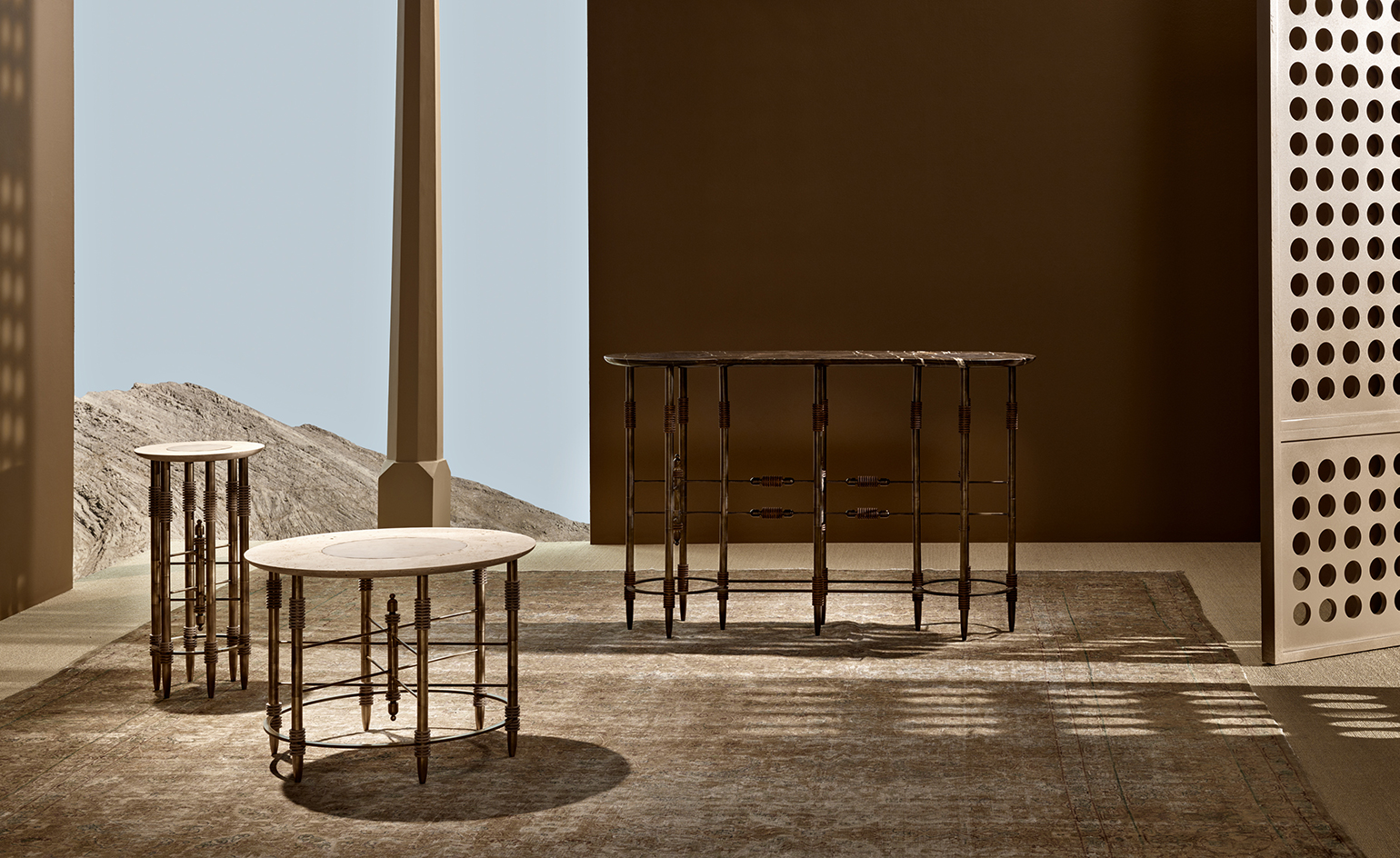 A collection of 3 different sized wooden tables in a brown room