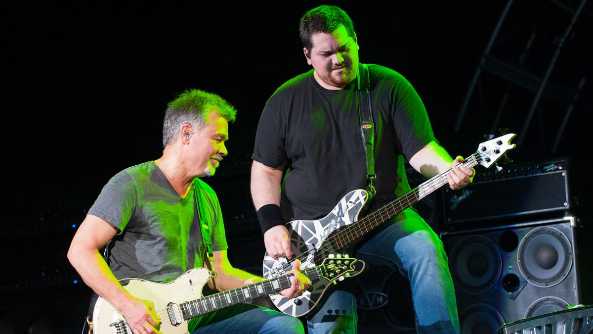 Guitarist Eddie Van Halen and Bassist Wolfgang Van Halen of Van Halen perform at Perfect Vodka Amphitheatre in West Palm Beach, FL