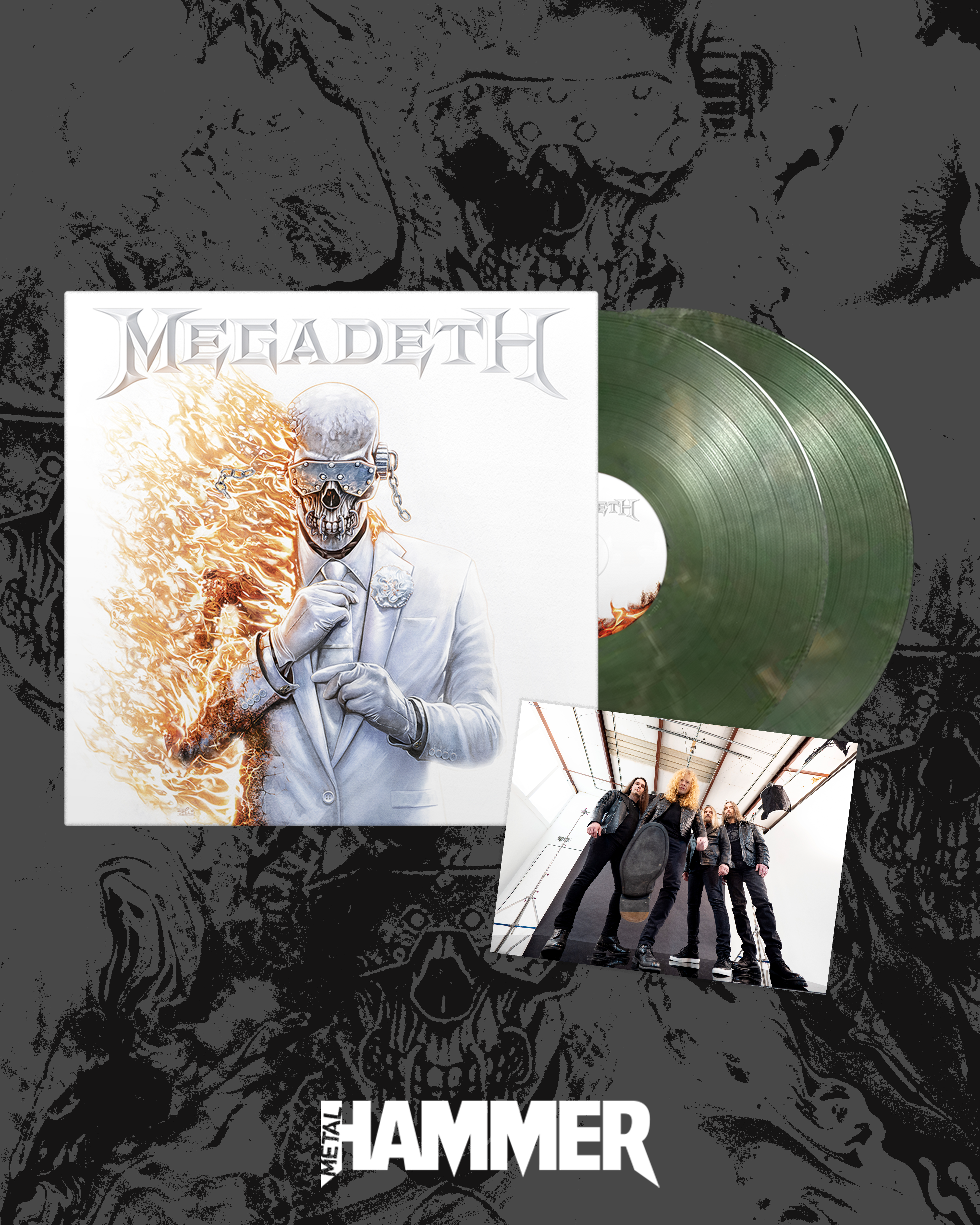 Megadeth vinyl next to an artcard featuring the band members