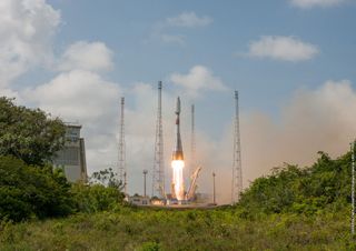 An Arianespace Soyuz rocket launches the French military reconnaissance satellite CSO-1 into orbit from Guiana Space Center in Kourou, French Guiana on Dec. 19, 2018.
