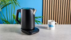 the all-black ninja precision temperature kettle, electric, with a precision temperature base for specialty tea and general kitchen use photographed making coffee with a toms guide mug