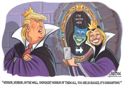 Political cartoon U.S. 2016 election Donald Trump Hillary Clinton Snow White rigged election
