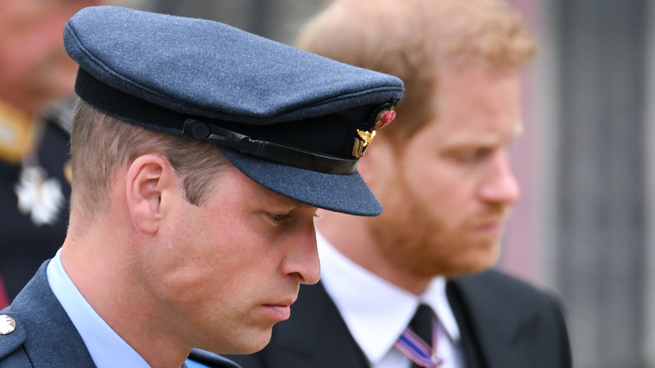 Prince William, Prince of Wales and Prince Harry, Duke of Sussex during the State Funeral of Queen Elizabeth II at Westminster Abbey on September 19, 2022 in London, England.