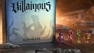 The Disney Villainous: Introduction to Evil (Disney100 Edition) box and tokens on rocky ground