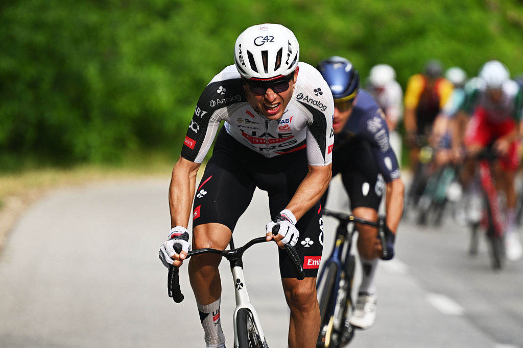 PAKS, HUNGARY - MAY 14: Benoit Cosnefroy of France and UAE Team Emirates - XRG competes in the breakaway during the 47th Tour of Hungary 2026, Stage 2 a 205.8km stage from Szarvas to Paks on May 14, 2026 in Paks, Hungary. (Photo by Luc Claessen/Getty Images)