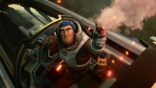 Buzz fires a flare after landing his starship in Pixar's Lightyear film