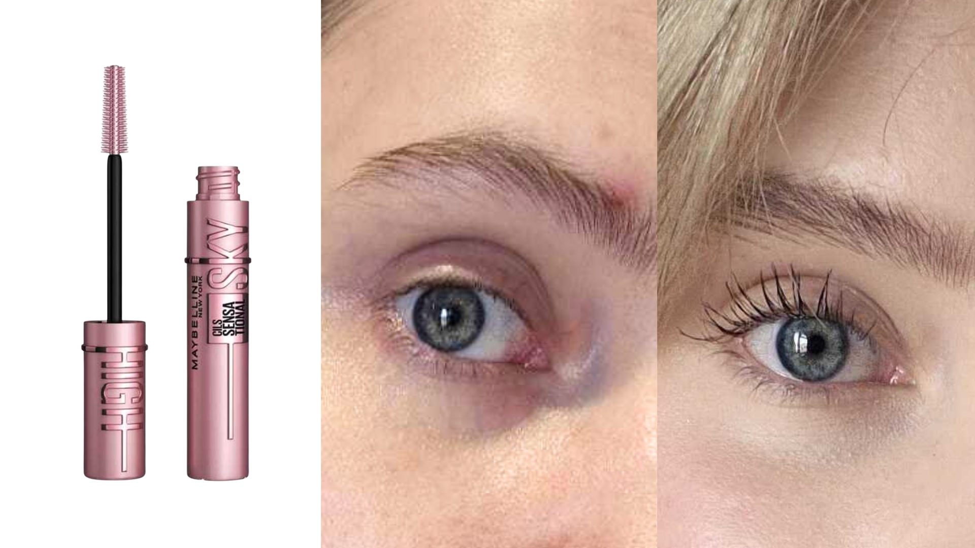 An image of the Maybelline Lash Sensational Sky High Mascara on the left, next to a before and after comparison of Naomi Jamieson's lashes wearing the Maybelline Lash Sensational Sky High Mascara