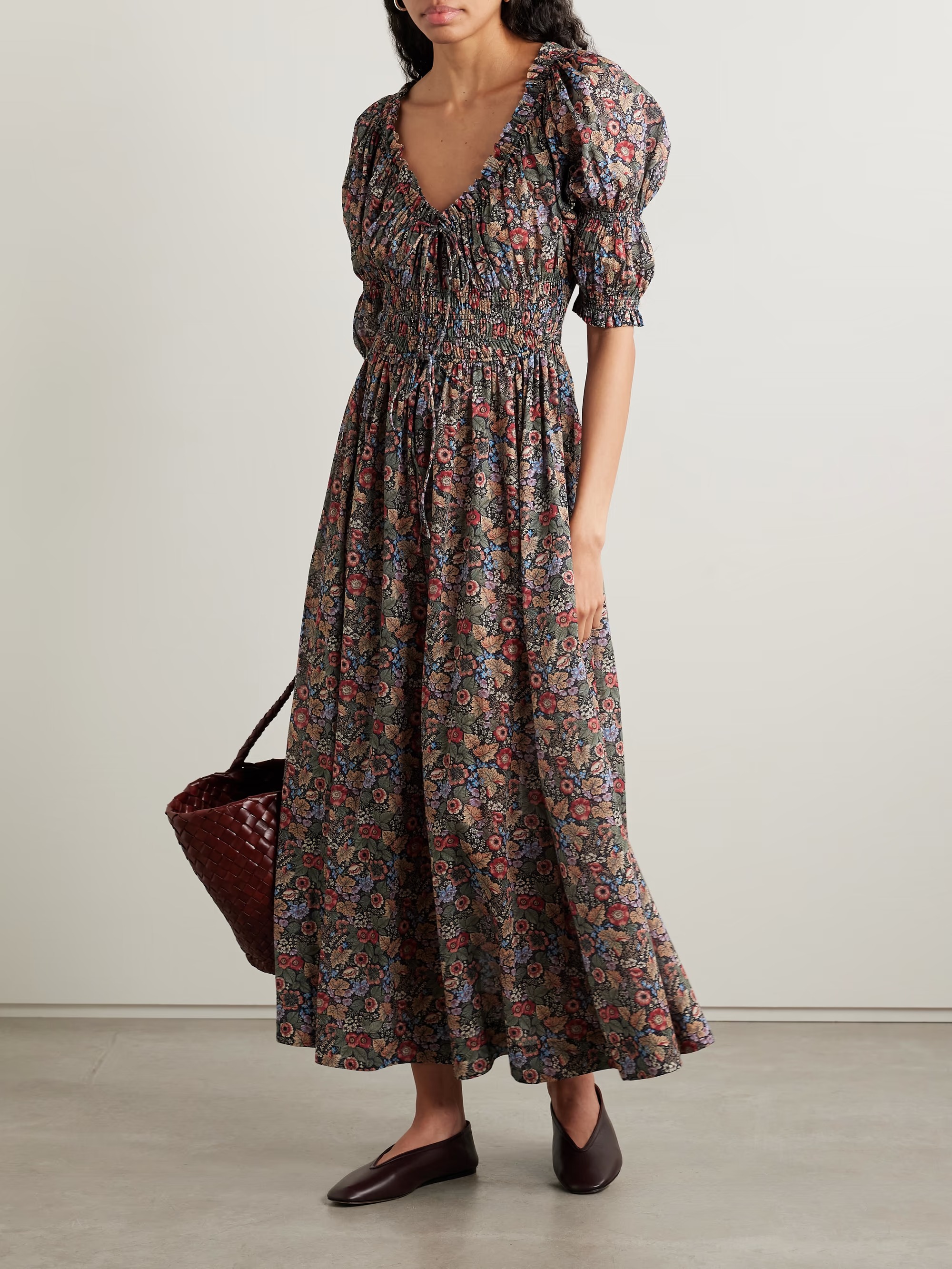 D&amp;Ocirc;EN, Ischia Shirred Floral-Print Organic Cotton-Voile Midi Dress