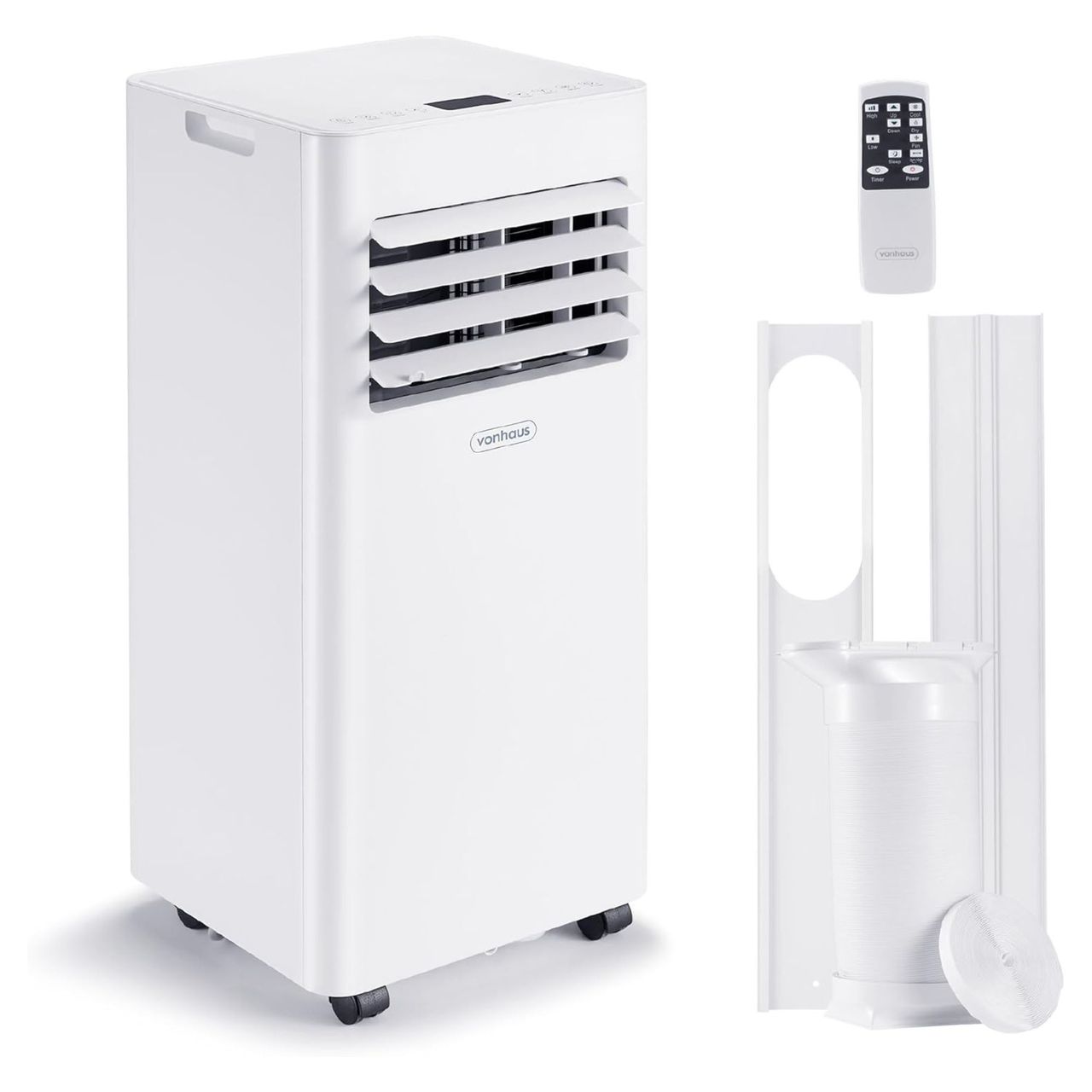 Vonhaus portable air conditioner, remote and window kit on a white background
