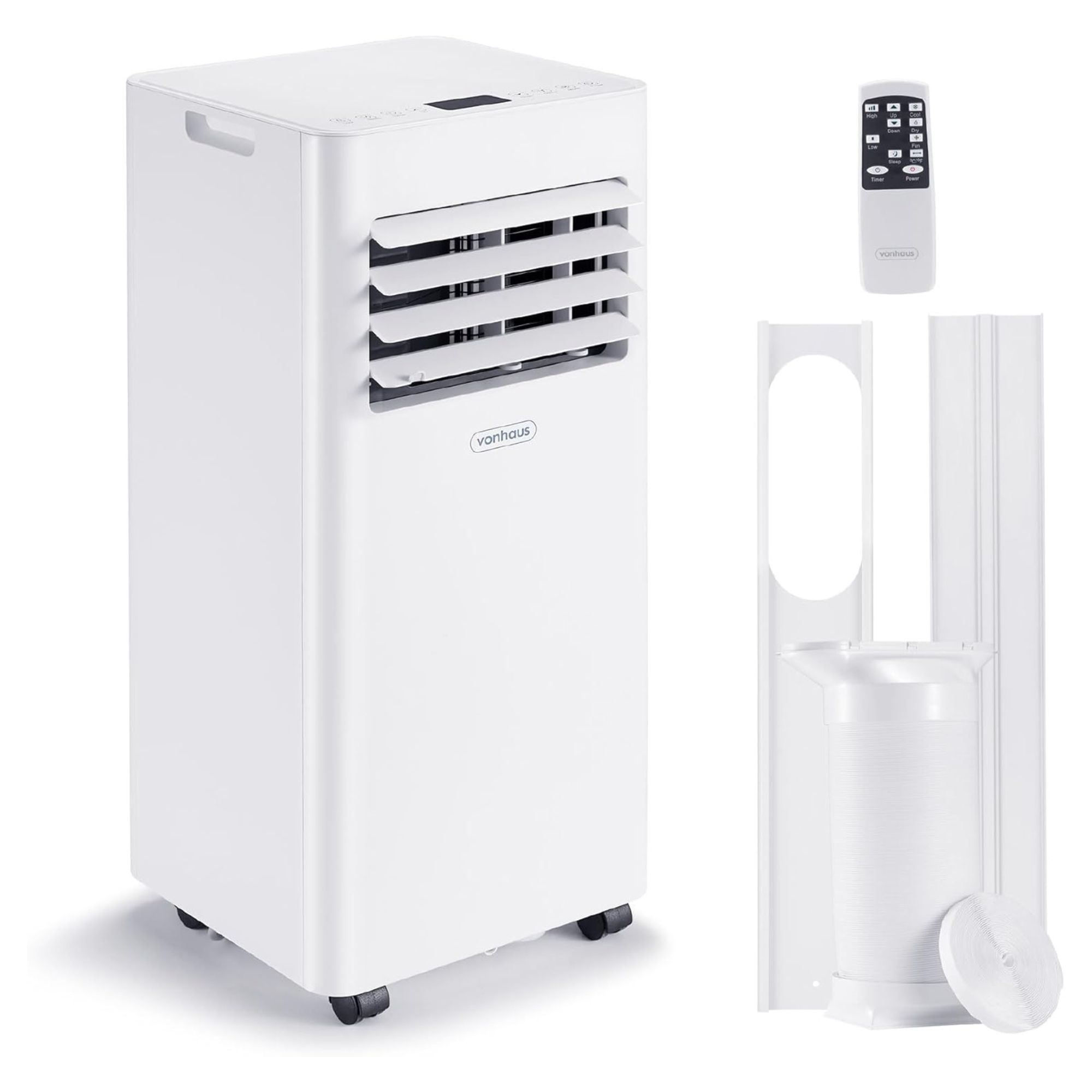 Vonhaus portable air conditioner, remote and window kit on a white background