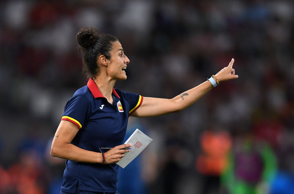 Montserrat Tome, Head Coach of Team Spain gestures to her players during the Women's semifinal match between Brazil and Spain during the Olympic Games Paris 2024 at Stade de Marseille on August 06, 2024 in Marseille, France.
