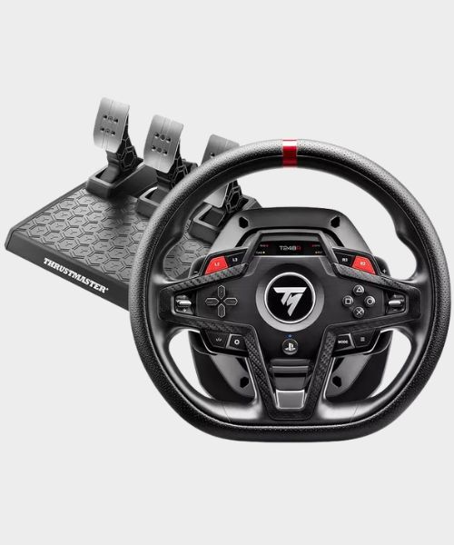 The Thrustmaster T248R racing wheel and pedals on a plain background