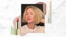 naomi watts pictured in a white t shirt with a blonde bob and fresh faced makeup, next to stripes moisturiser and a sarah creal lipstick