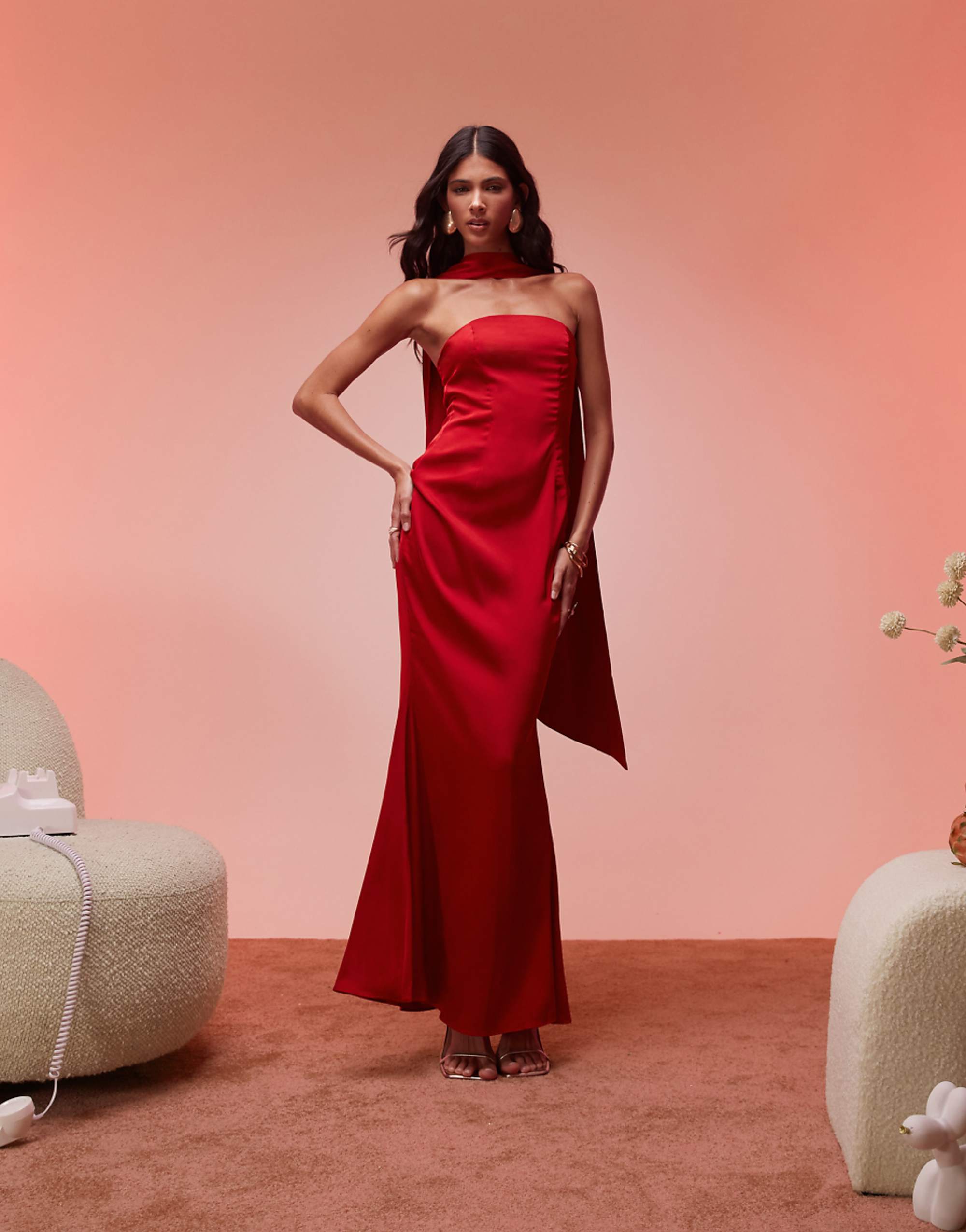 Oh Polly Mandi Scarf Detail Strapless Maxi Dress in Scarlet Red