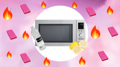 A microwave with white vinegar and lemons on a pink background.