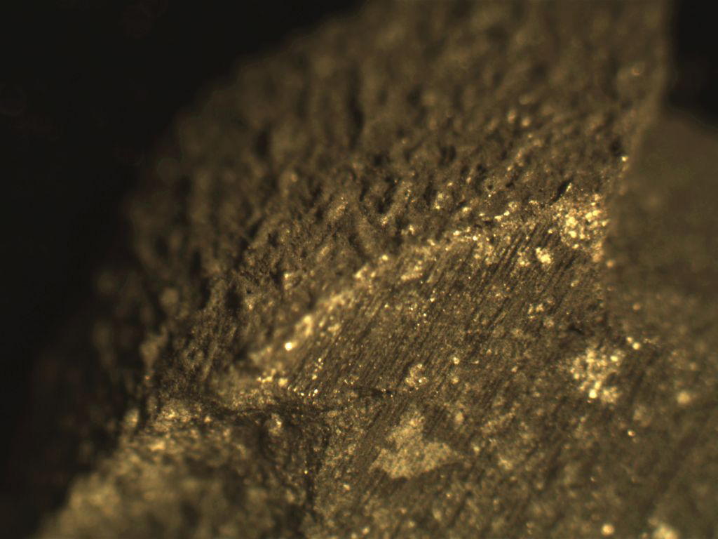 A slice of a Sutter's Hill meteorite fragment. The meteor's trip through the atmosphere ripped up the outer layer of the rock, called a fusion crust, but more complex material was visible in the inside.
