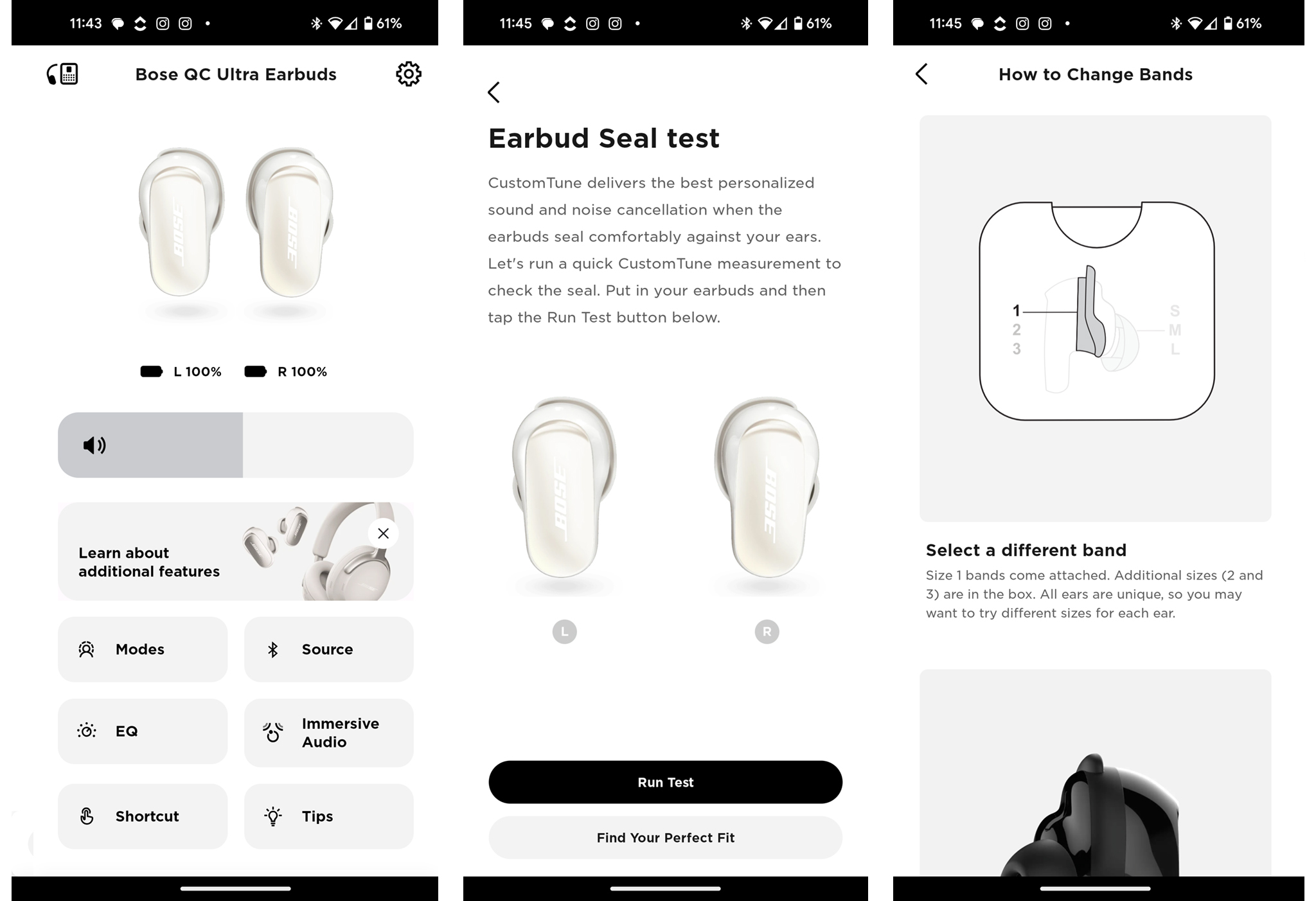 Bose QuietComfort Ultra Earbuds screenshots that help personalize fit.