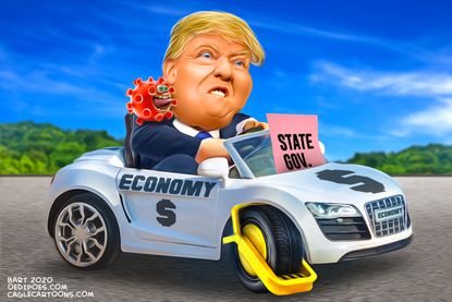 Political Cartoon U.S. Trump speeds to open economy stopped by states coronavirus
