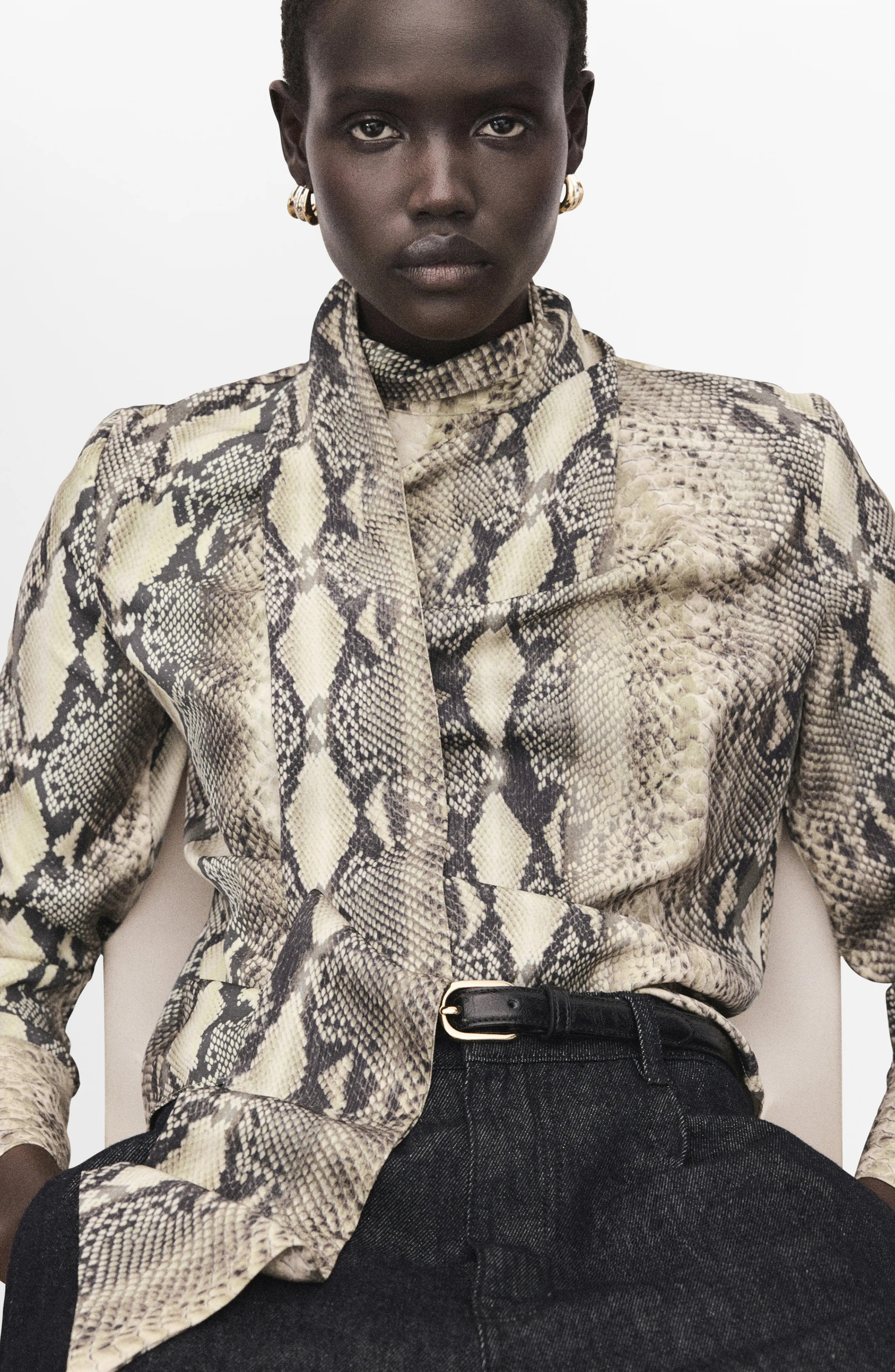 MANGO, Animal Print Scarf Neck Top