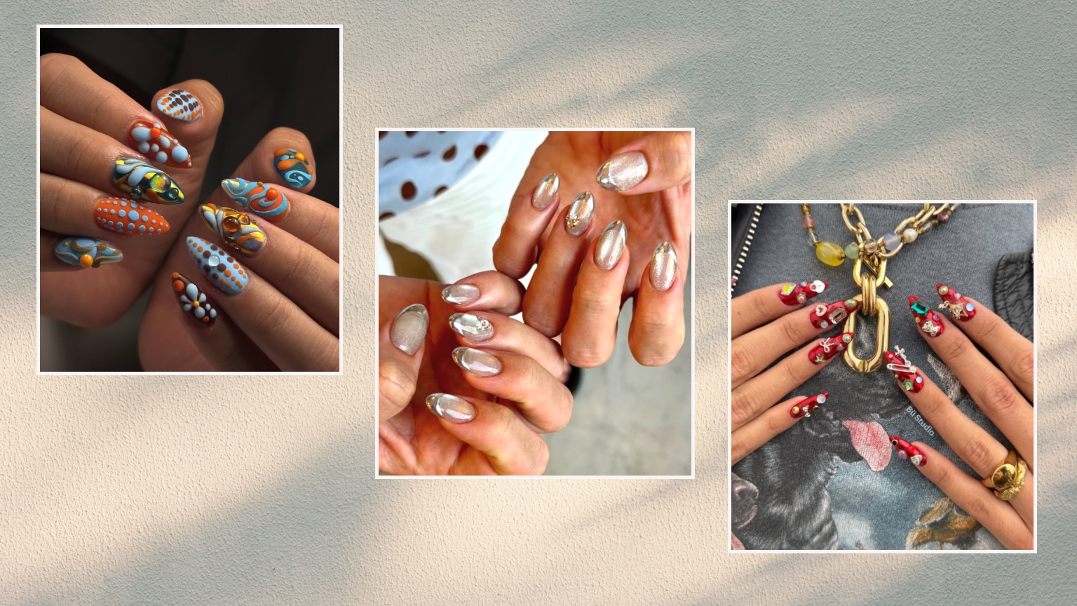 three maximalist summer manicures on a yellow and blue background