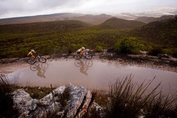 Burry Stander and Christoph Sauser in Koggelberg Biosphere during stage 5 of the 2012 Absa Cape Epic Mountain Bike stage race from the Overberg Primary &amp; High School in Caledon to Oak Valley Wine Estate in the Elgin Valley, South Africa on the 30 March 2012