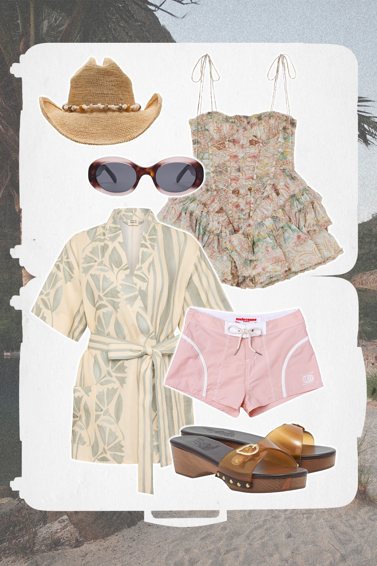 A collage of travel items.