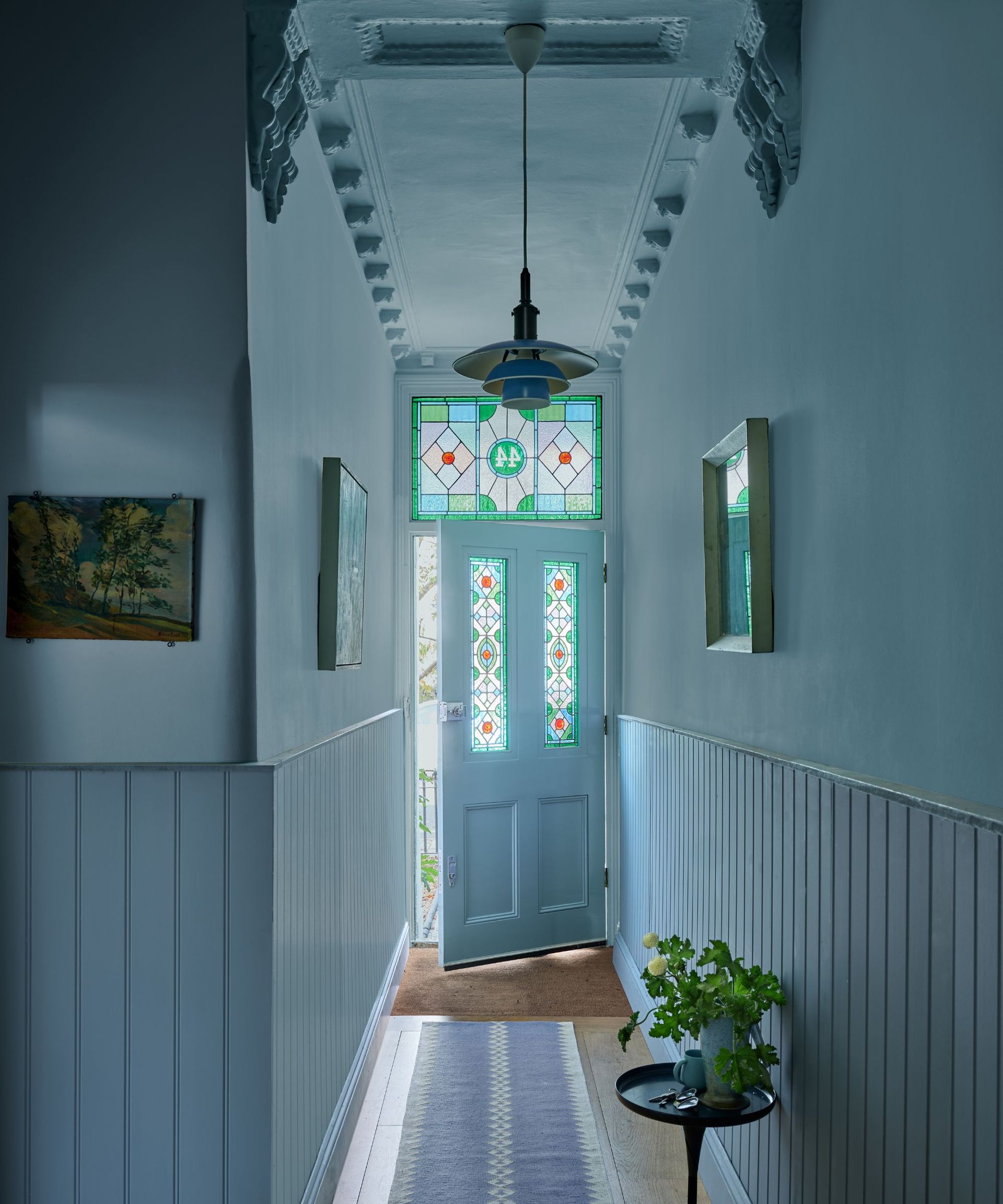 blue painted entryway with painted ceiling by farrow and ball