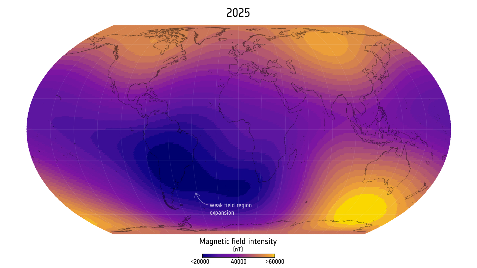 a heat map showing magnetic field measurements over the Earth