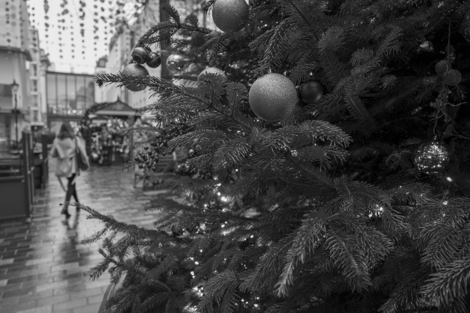 Leica Q3 Monochrom sample gallery: Christmas tree in Lond onstreet