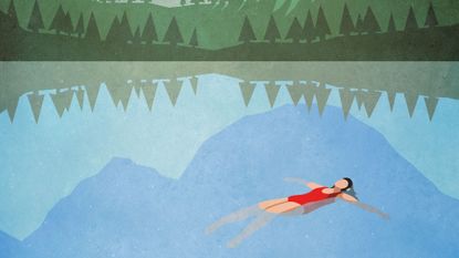 Illustration of a woman lying on her back wild swimming in the water with mountains and green trees above