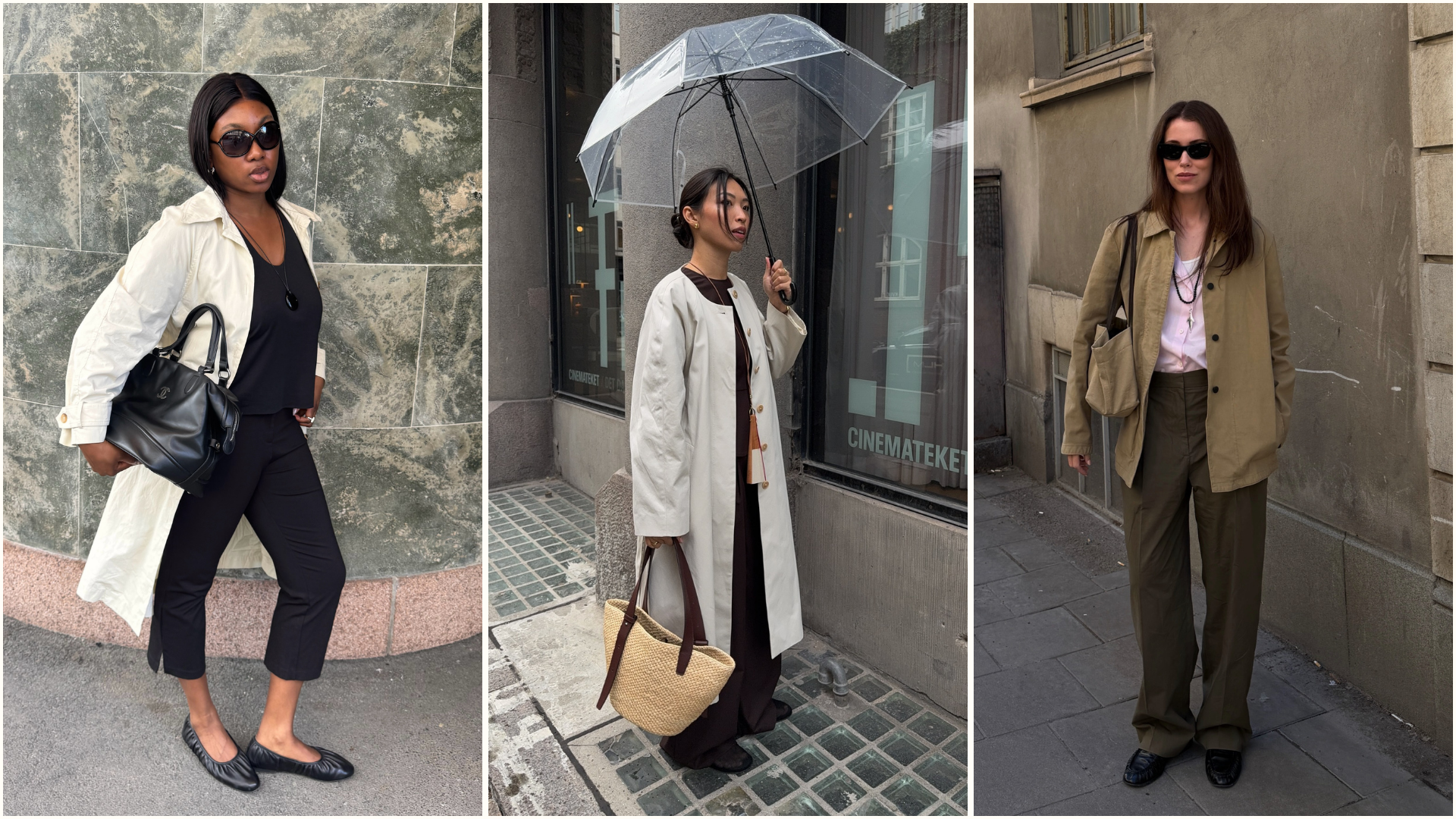 Three images of influencers in rainy summer day outfits, including trench coats, capris, ballet flats and umbrellas