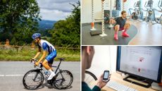 Cyclist climbing, cylclist in the gym, cyclist looks at laptop