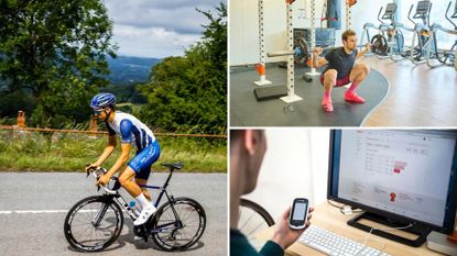 Cyclist climbing, cylclist in the gym, cyclist looks at laptop