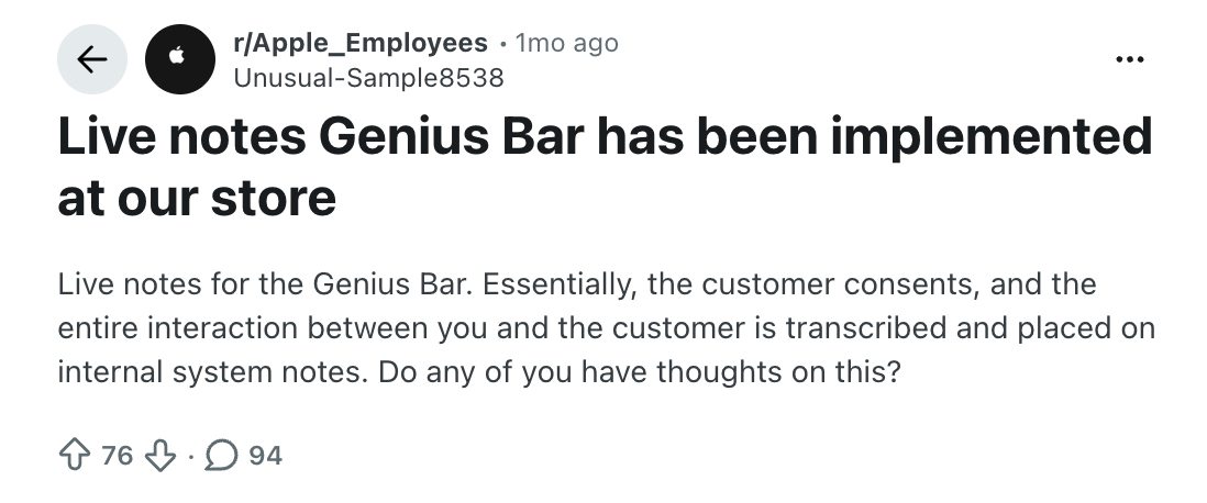 A screenshot of a Reddit thread by an Apple Store employee saying Live Notes has been implemented in their store