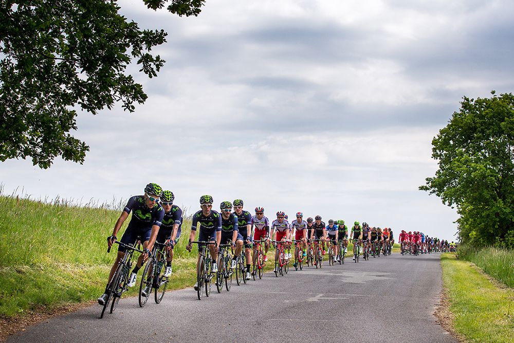 Movistar riding on the front of the peloton