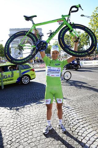 Peter Sagan (Liquigas-Cannondale) celebrates on the Champs-Élysées after a remarkable Tour de France debut.