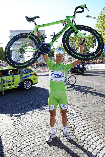 Peter Sagan (Liquigas-Cannondale) celebrates on the Champs-&Eacute;lys&eacute;es after a remarkable Tour de France debut.