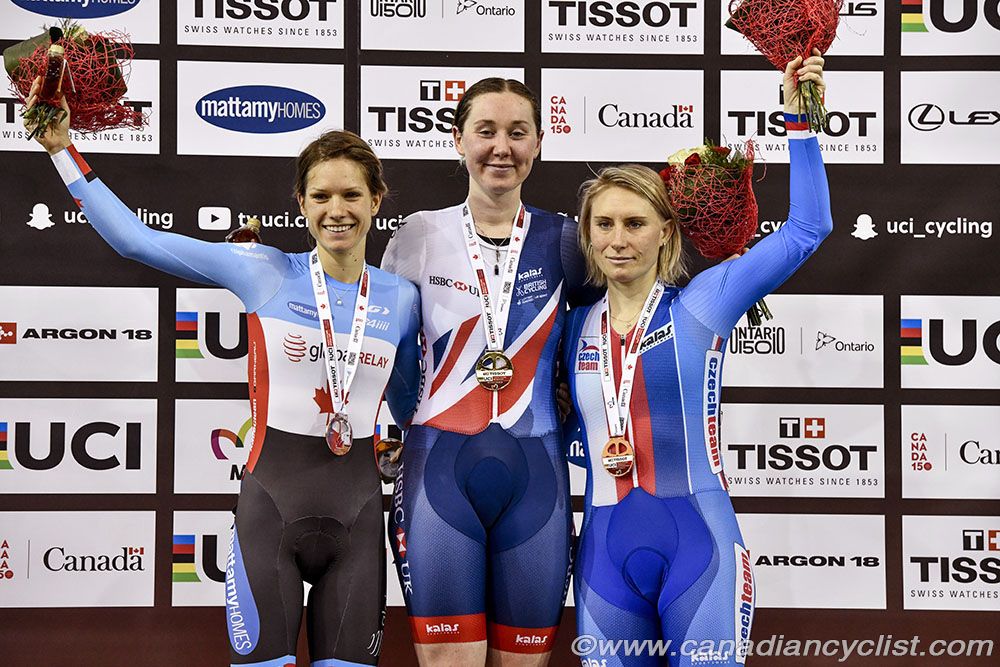 Women Points Race, Podium: Jasmin Duehring, Katie Archibald, Jarmila Machacova