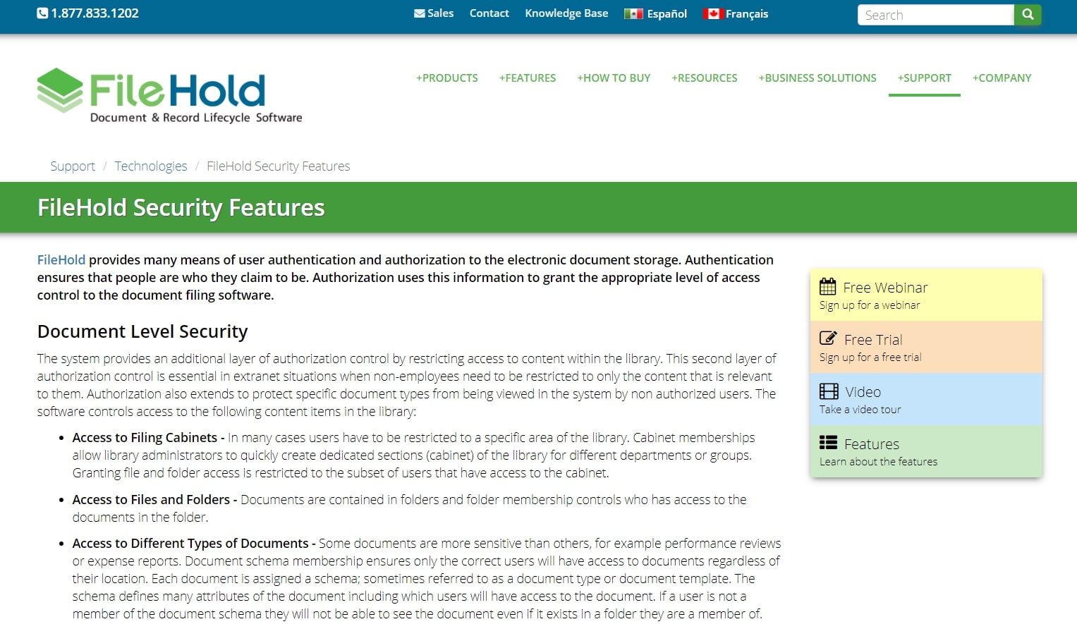 Filehold Systems features page