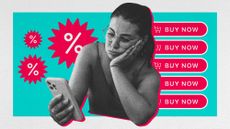 Photo collage of a young woman looking at her phone skeptically. In the background, there is a lot of "buy now" buttons and % off stickers in pink and turquoise.