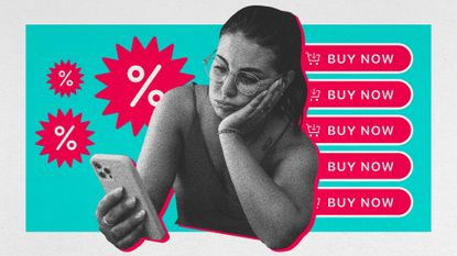 Photo collage of a young woman looking at her phone skeptically. In the background, there is a lot of &quot;buy now&quot; buttons and % off stickers in pink and turquoise.