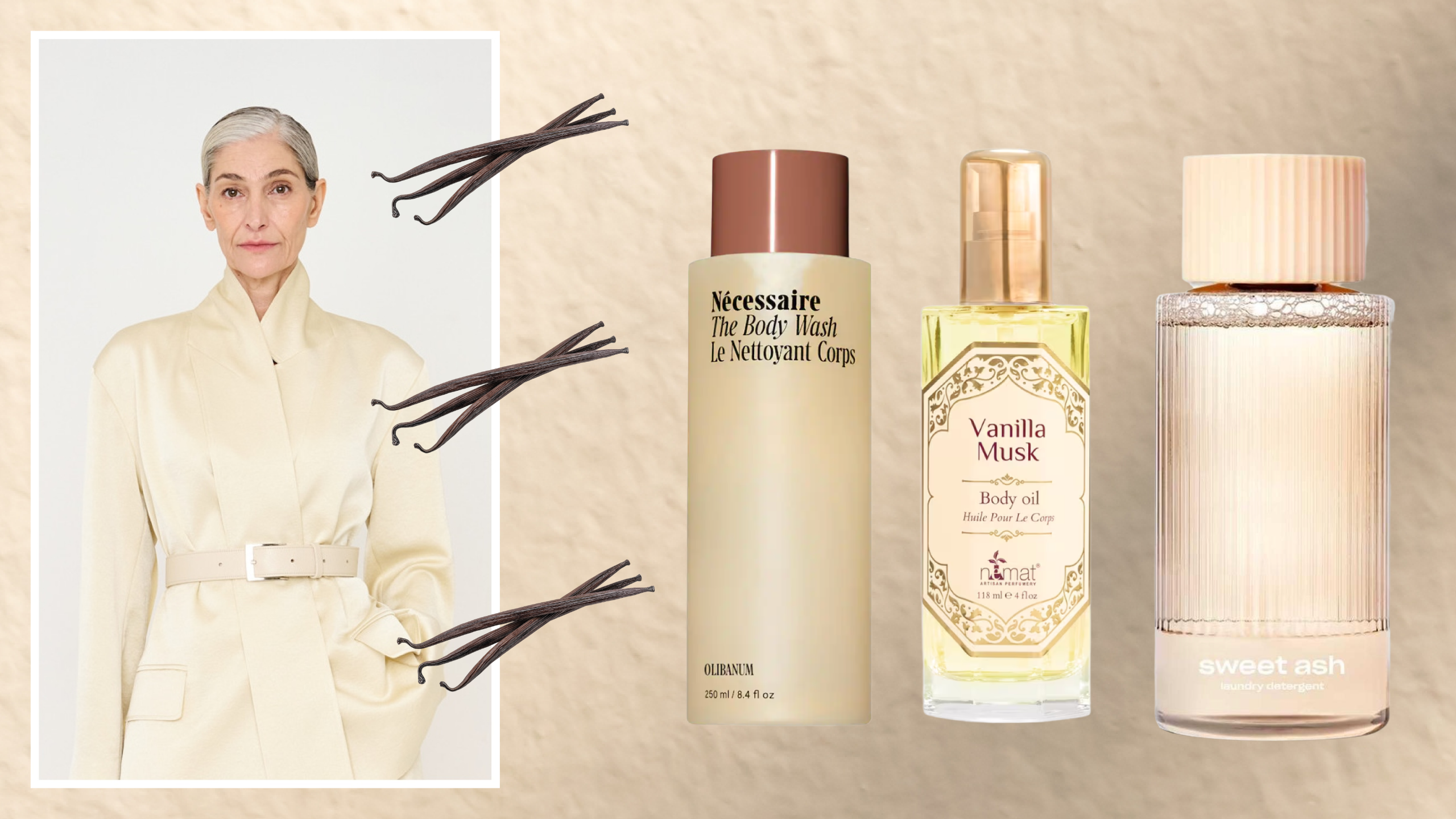A woman wearing a cream blazer next to three vanilla scented products. There are also 3 bunches of vanilla bean pods on the edge of the woman's picture. 