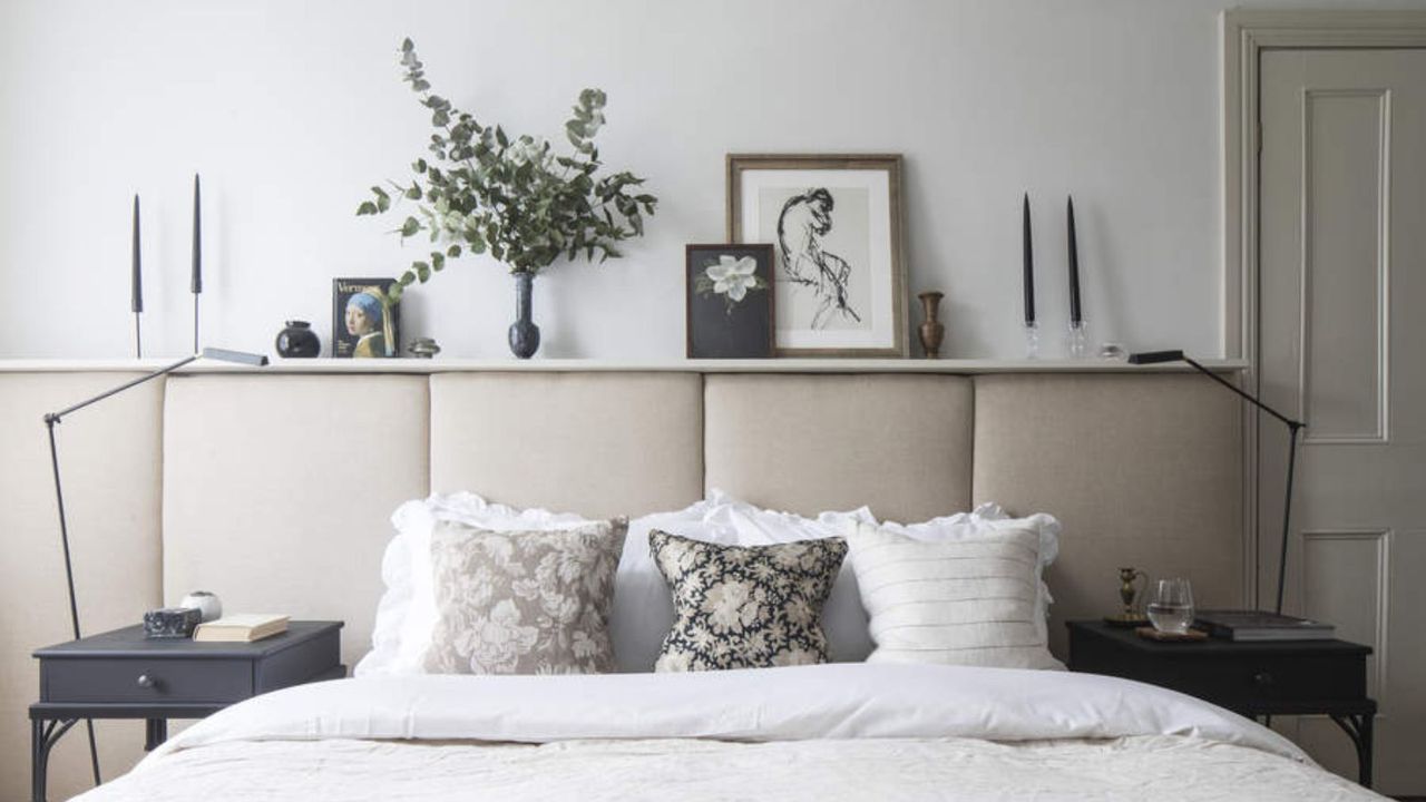 White bedroom, shelf headboard