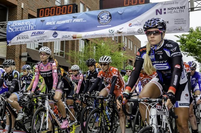The women on the start line of the Winston-Salem Criterium on Saturday evening.