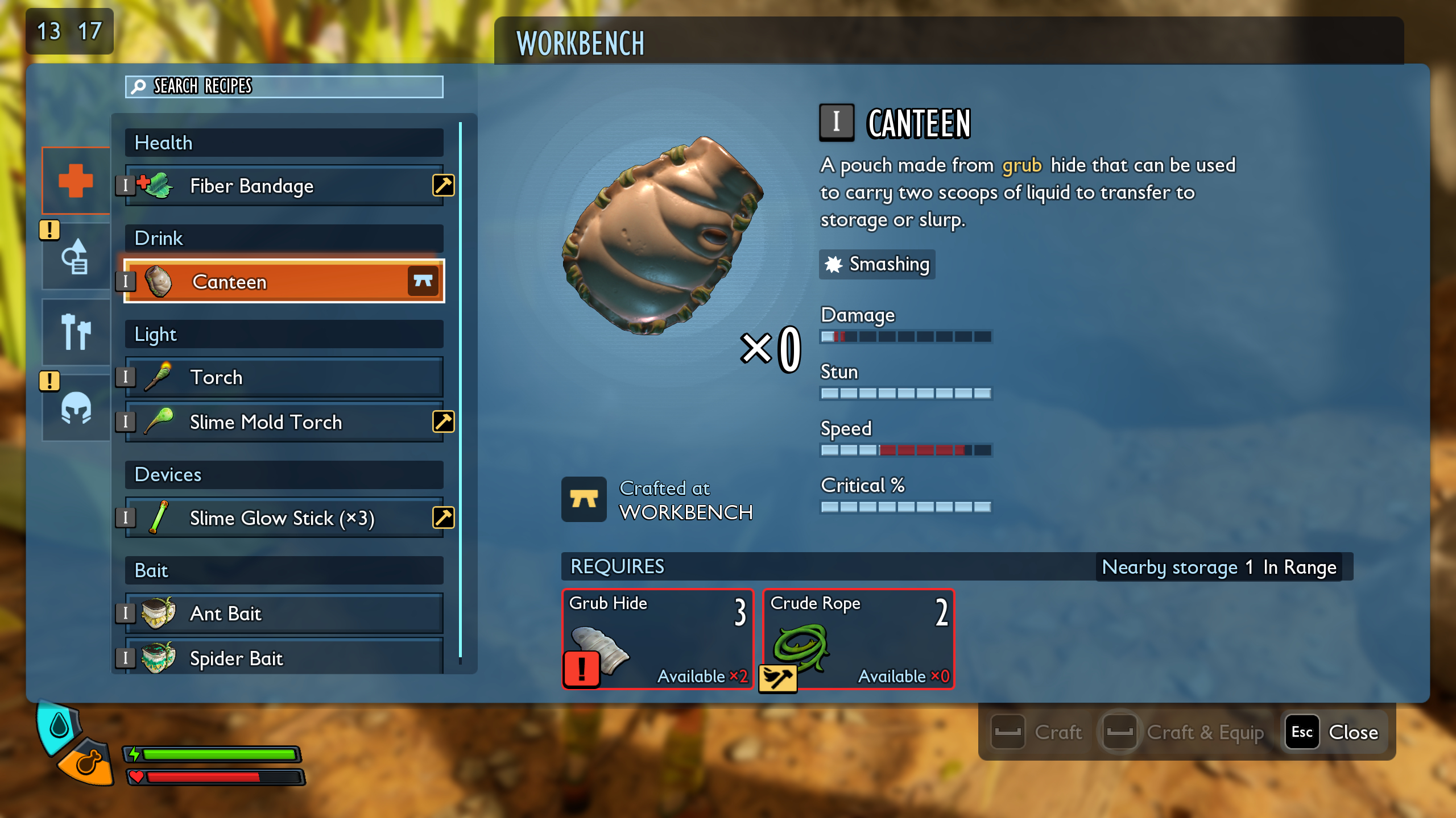 Grounded 2 tips: A canteen in the workbench crafting recipe list.