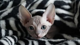 Sphynx cat peeking out from blanket