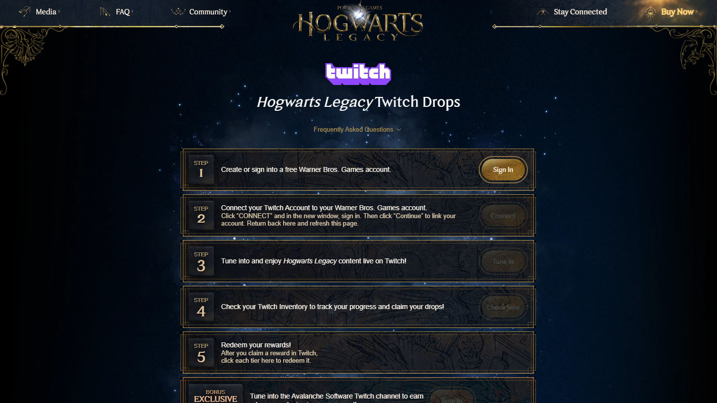 Страница Hogwarts Legacy Twitch Drops