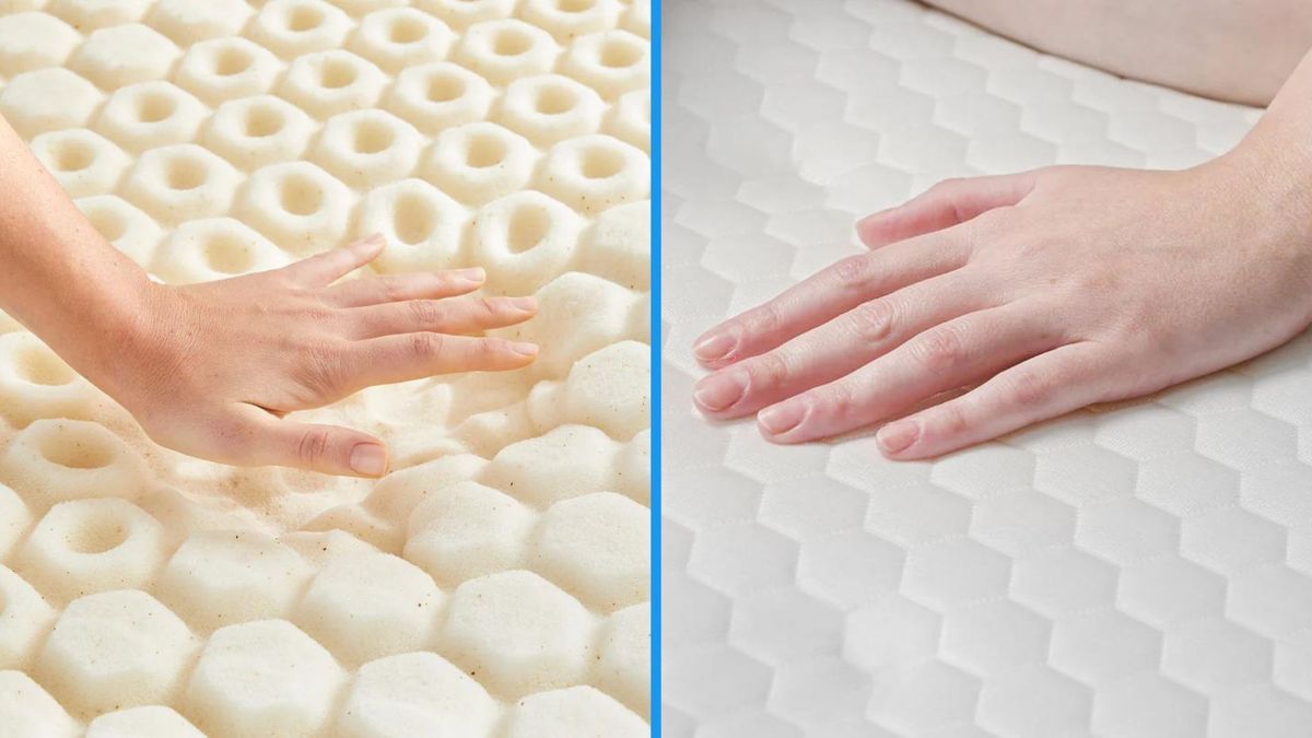 A split screen of a woman&#039;s hand testing the cooling properties of the Molecule CopperWELL Topper vs Bear GlacioTex Mattress Protector